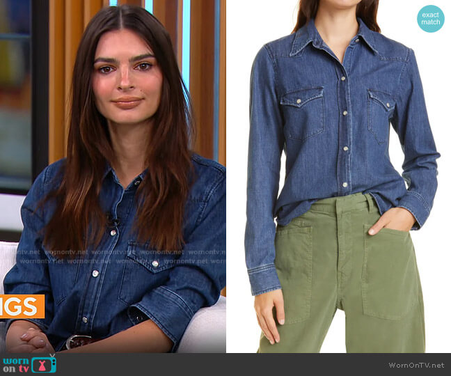 Nili Lotan Martine Cotton Denim Shirt worn by Emily Ratajkowski on CBS Mornings