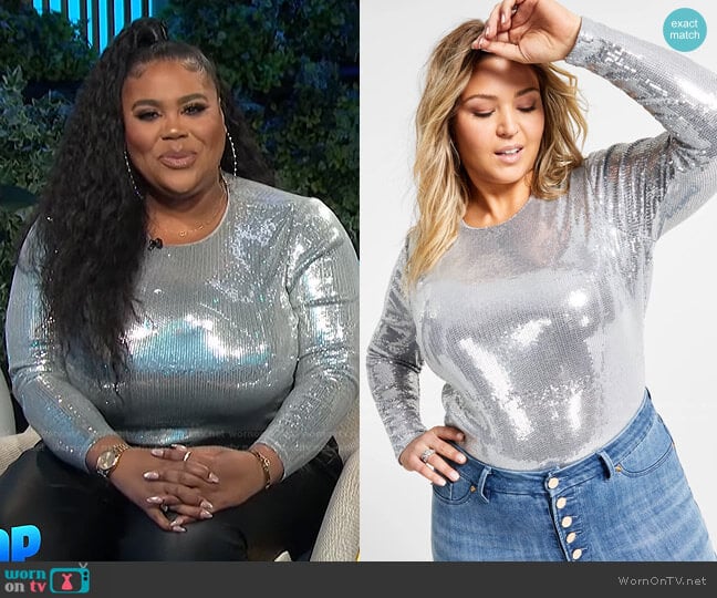 Trendy Plus Size Long-Sleeved Sequin Bodysuit by Nina Parker worn by Nina Parker on E! News