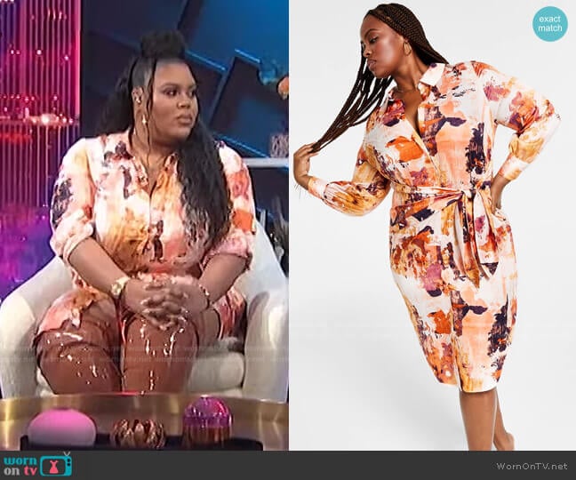 Trendy Plus Size Printed Satin Tie-Front Shirtdress by Nina Parker worn by Nina Parker on E! News