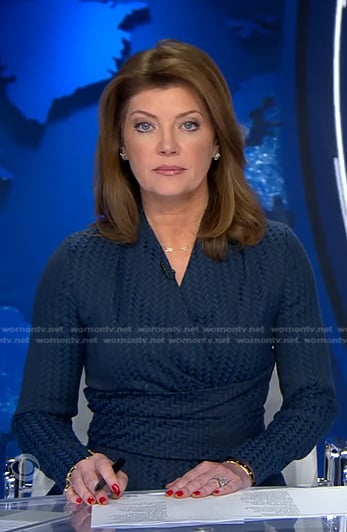 Norah's blue herringbone wrap top and skirt on CBS Evening News