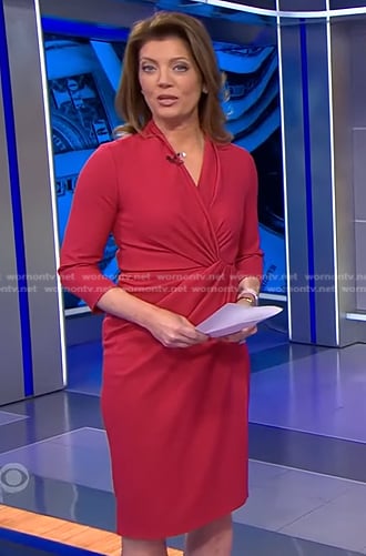 Norah's red twisted front dress on CBS Evening News