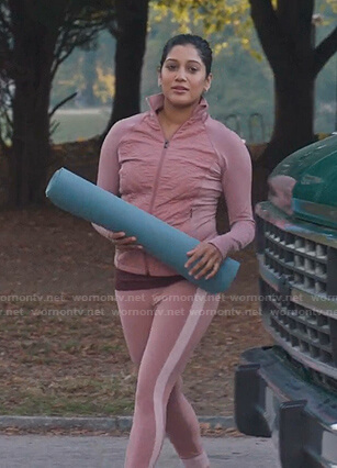 Padma’s pink quilted jacket and leggings on The Resident