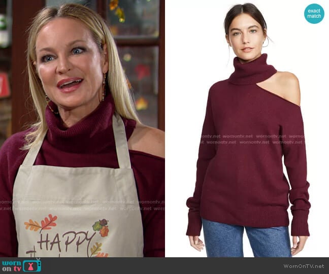 Paige Raundi Sweater in Deep Burgundy worn by Sharon Newman (Sharon Case) on The Young and the Restless