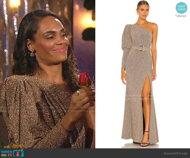 Lurex One Shoulder Maxi Dress by PatBo worn by Michelle Young on The Bachelorette