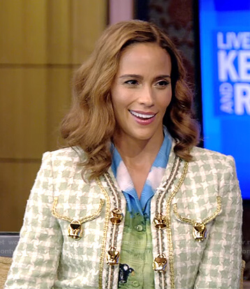 Paula Patton's cow print blouse and tweed jacket on Live with Kelly and Ryan
