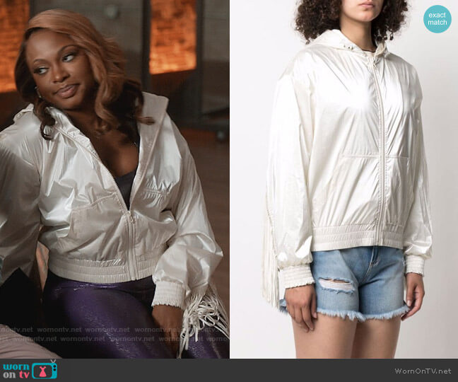 Fringe Trim Rain Jacket by Pinko worn by Jill (Naturi Naughton) on Queens