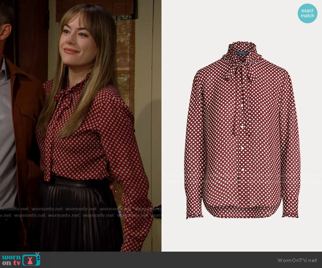 Polo Ralph Lauren Ruffle-Trim Mulberry Silk Shirt worn by Hope Logan (Annika Noelle) on The Bold and the Beautiful