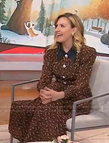 Poppy Harlow’s brown printed dress with black collar on Today