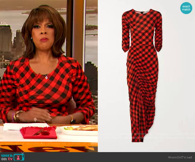 Asymmetric Ruched Gingham Dress by Preen By Thornton Bregazzi worn by Gayle King on The Drew Barrymore Show