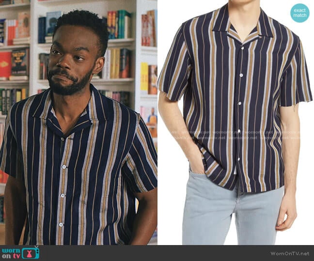 Avery Stripe Short Sleeve Button-Up Shirt by Rag & Bone worn by Marcus Watkins (William Jackson Harper) on Love Life