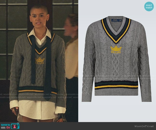 Cable-knit Cricket Sweater In Grey by Ralph Lauren worn by Julien Calloway (Jordan Alexander) on Gossip Girl