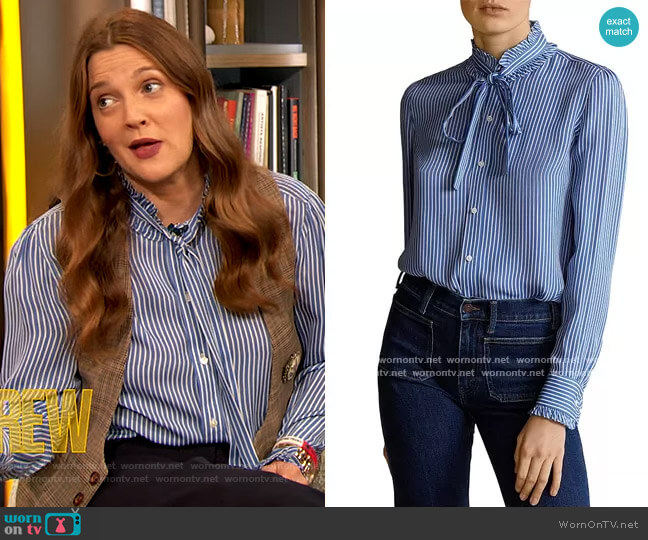 Ruffled Striped Silk Blouse by Polo Ralph Lauren worn by Drew Barrymore on The Drew Barrymore Show