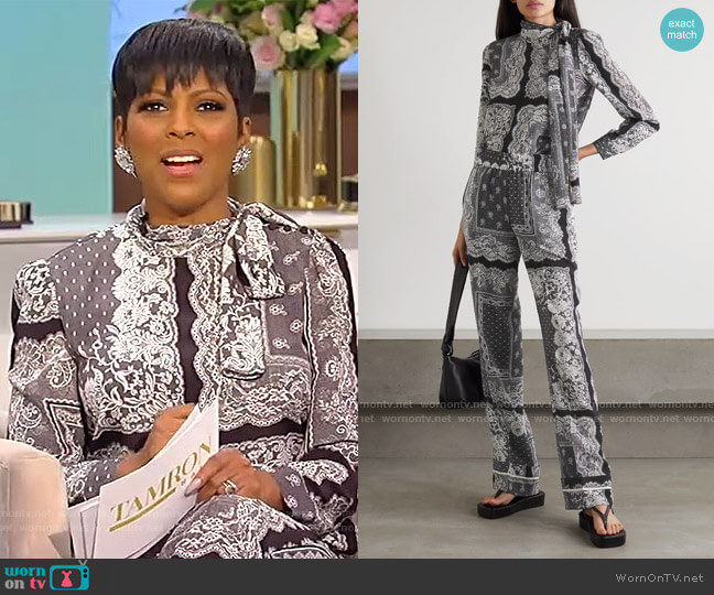 Pussy-bow Printed Silk Blouse and Pants by Red Valentino worn by Tamron Hall on Tamron Hall Show