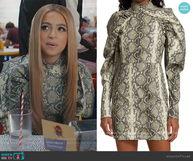 Kim Snake Print Long Puff-Sleeve Mini Dress by Rotate Birger Christensen worn by Lexi (Josie Totah) on Saved By The Bell