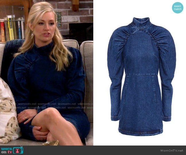 ROTATE Birger Christensen Kim Ruched Chambray Mini Dress worn by Gemma (Beth Behrs) on The Neighborhood