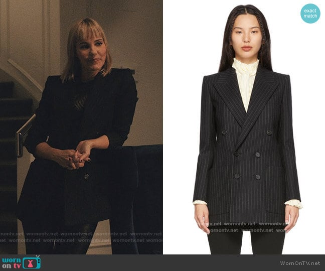 Black Stripe Double-Breasted Blazer by Saint Laurent worn by Leslie Bibb on Love Life