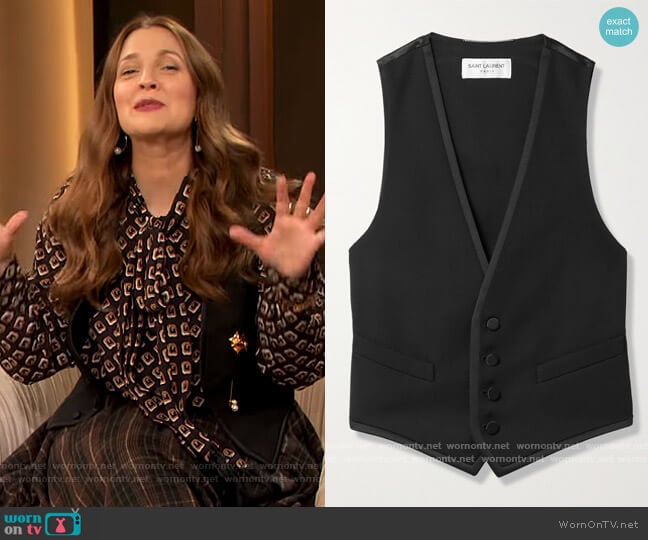 Cropped grain de poudre wool and silk-satin vest by Saint Laurent worn by Drew Barrymore on The Drew Barrymore Show