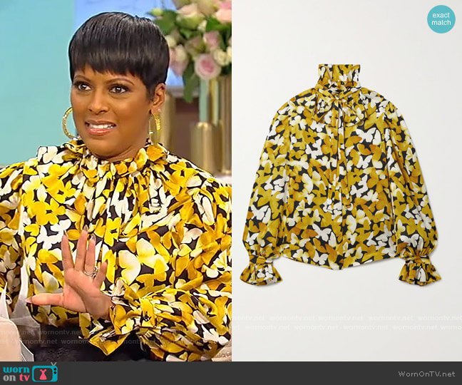 Pussy-bow ruffled silk-satin jacquard blouse by Saint Laurent worn by Tamron Hall on Tamron Hall Show