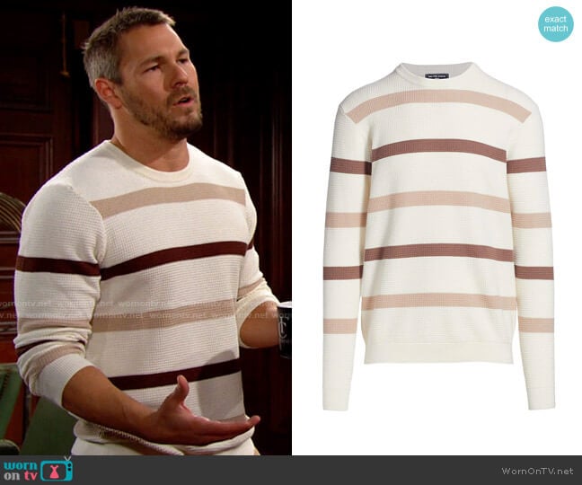 Saks Fifth Avenue Slim-Fit Striped Cotton-Wool Blend Crewneck Sweater worn by Liam Spencer (Scott Clifton) on The Bold & the Beautiful