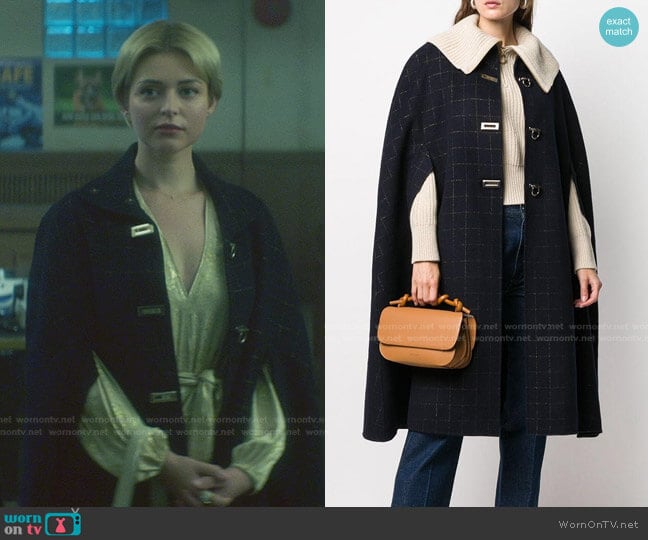  Check-Pattern Cape Coat by Sandro worn by Bo Martynowska on Nancy Drew