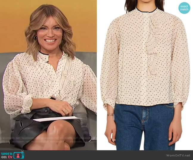 Noelle Jabot Detail Swiss Dot Blouse by Sandro worn by Kit Hoover  on Access Hollywood