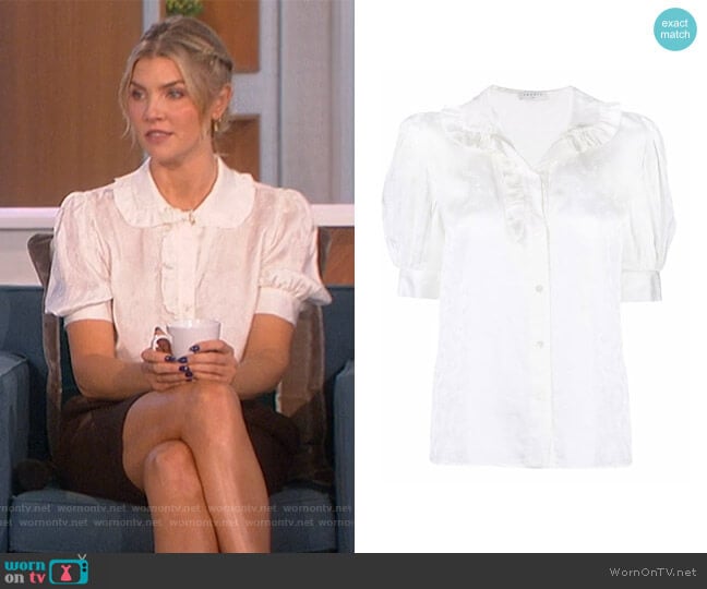 Ruffle-detail floral blouse by Sandro worn by Amanda Kloots on The Talk