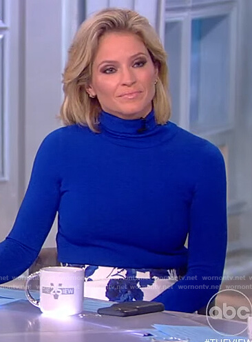 Sara's blue turtleneck top and floral skirt on The View