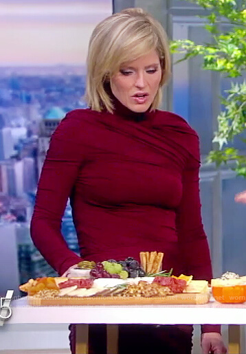 Sara's burgundy ruched top and skirt on The View