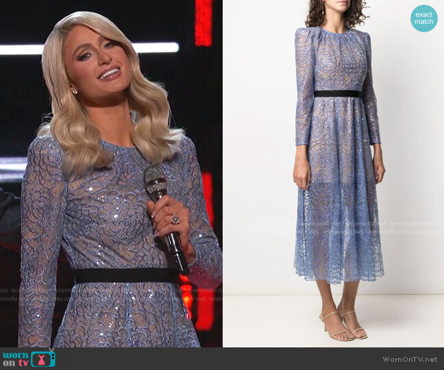 Floral Sequin-Embellished Layered Dress by Self Portrait worn by Paris Hilton on The Voice