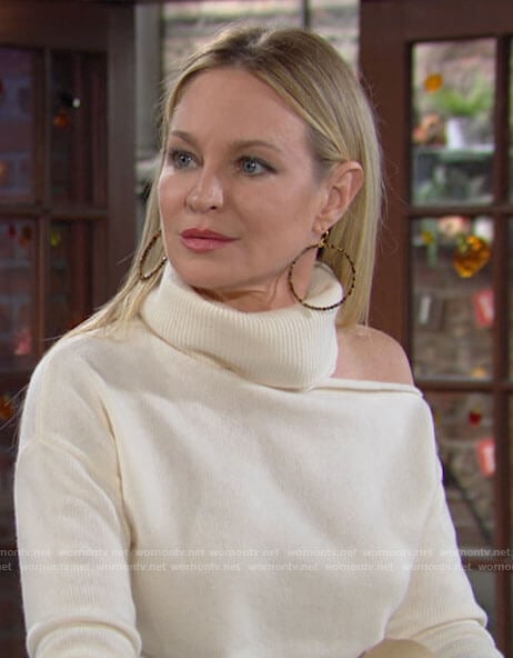 Sharon’s white turtleneck sweater with shoulder cutout on The Young and the Restless