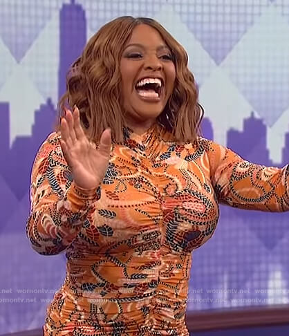 Sherri Shepherd’s floral ruched midi dress on The Wendy Williams Show