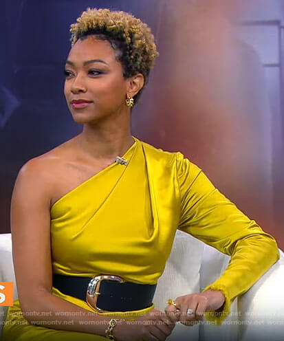 Sonequa Martin-Green’s yellow one-shoulder dress on CBS Mornings