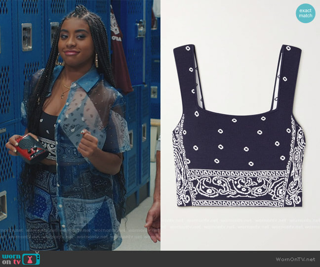 Tucson Cropped Intarsia Knit Tank by Staud worn by Aisha (Alycia Pascual-Pena) on Saved By The Bell