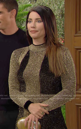 Steffy’s gold and black Thanksgiving dress on The Bold and the Beautiful