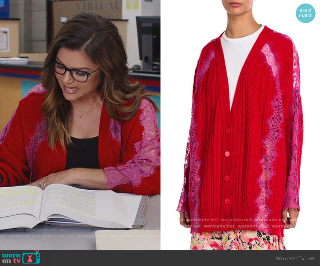 Lace-trimmed wool cardigan by Stella McCartney worn by Tiffani Thiessen on Saved by the Bell