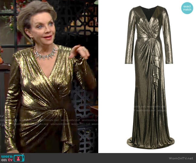 Tadashi Shoji Metallic-effect V-neck Dress worn by Gloria Abbott Bardwell (Judith Chapman) on The Young and the Restless