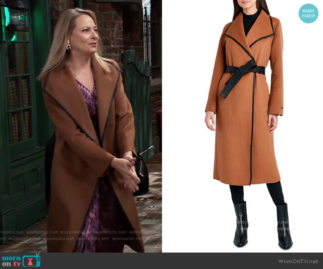 Faux-Leather-Trim Belted Wrap Coat by Tahari worn by Bonnie Burroughs on General Hospital worn by Gladys Corbin (Bonnie Burroughs) on General Hospital