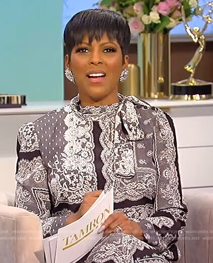 Tamron's gray printed tie neck blouse and pants on Tamron Hall Show