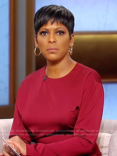 Tamron’s burgundy midi dress on Tamron Hall Show