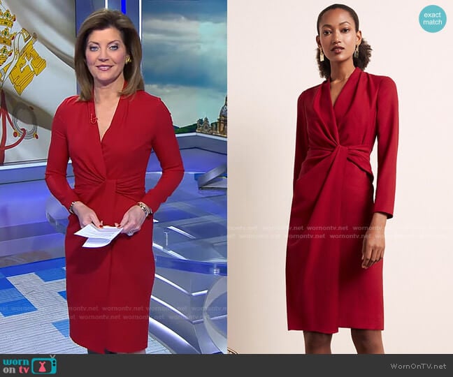 Greenwich Dress Garnet Red Wool Crepe by The Fold London worn by Norah O'Donnell on CBS Evening News