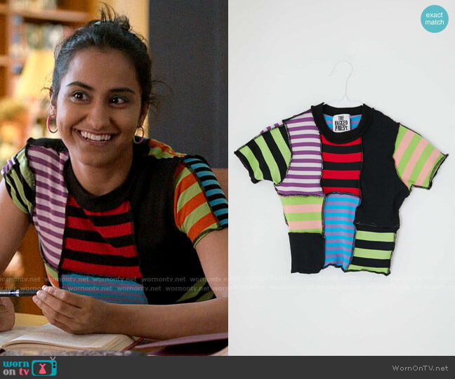 The Ragged Priest Breaker Patchwork Tee worn by Bela Malhotra (Amrit Kaur) on The Sex Lives of College Girls