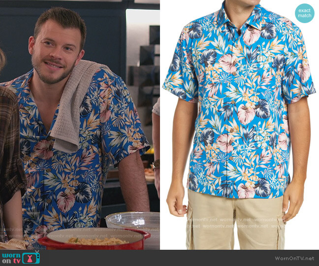 Uluru Fronds Lavish Short Sleeve Silk Button-Up Camp Shirt by Tommy Bahama worn by Jimmy Tatro on Home Economics