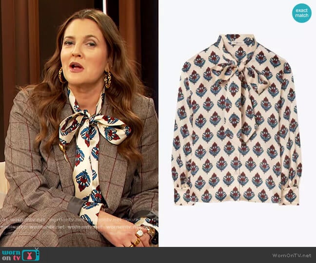 Printed Bow Blouse by Tory Burch worn by Drew Barrymore on The Drew Barrymore Show