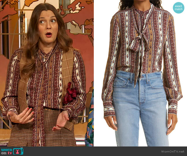 Elaine Tie-Neck Blouse by Veronica Beard worn by Drew Barrymore on The Drew Barrymore Show