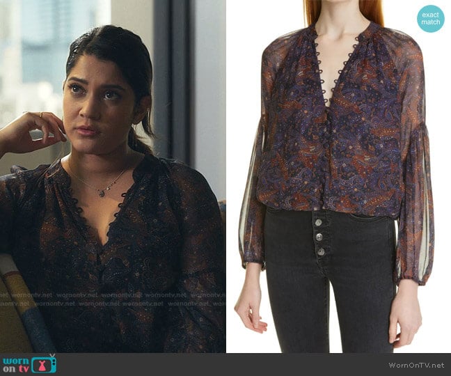 Jayce Silk Blouse by Veronica Beard worn by Leela Devi (Anuja Joshi) on The Resident