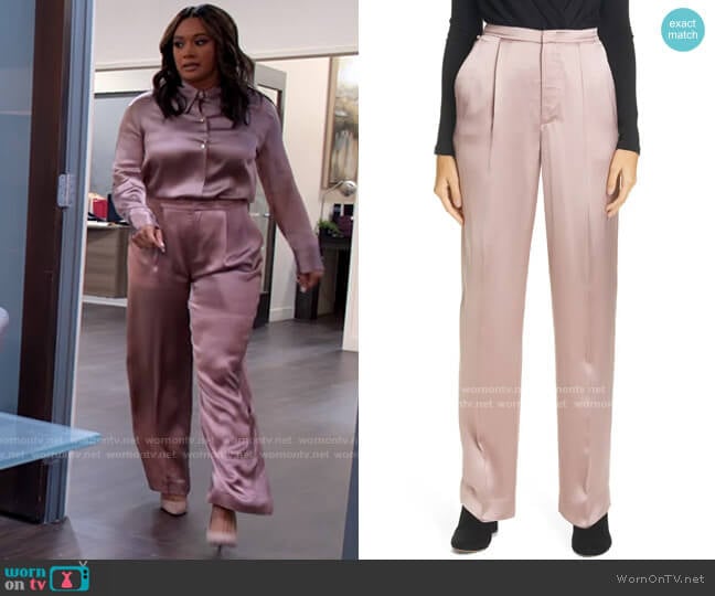 Vince Liquid Shine Satin Trousers worn by Fatima (Crystal Hayslett) on Tyler Perrys Sistas