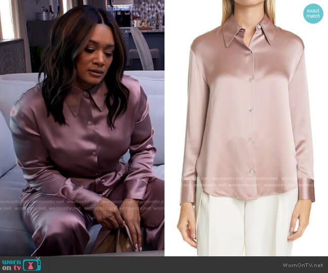 Vince Shaped Collar Silk Blouse worn by Fatima (Crystal Hayslett) on Tyler Perrys Sistas