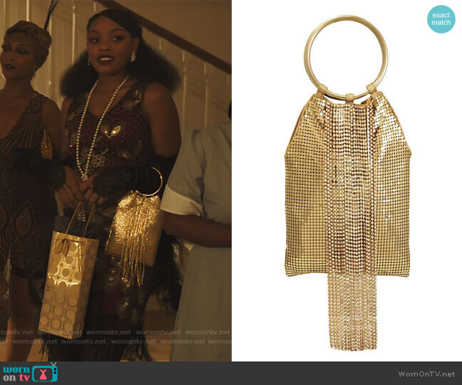 Cascade Fringe Metal Mesh Bracelet Clutch by Whiting & Davis worn by Nikki Vaughn (Alana Bright) on Our Kind of People