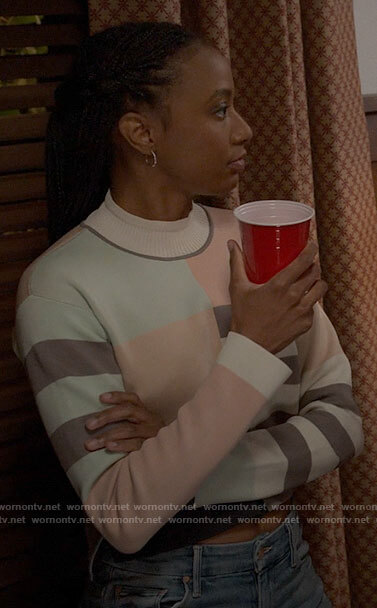 Whitney's stripe and colorblock sweater on The Sex Lives of College Girls