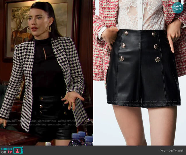 Zara Faux Leather Shorts with Buttons worn by Steffy Forrester (Jacqueline MacInnes Wood) on The Bold and the Beautiful